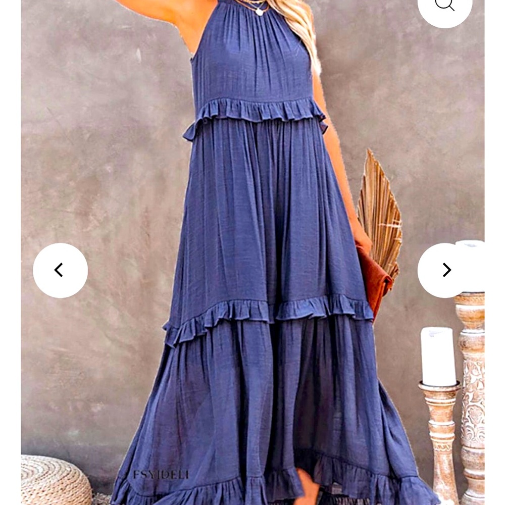 Boho Beach Hut Pullover Summer Maxi Dress
Medium Dark Blue NEW